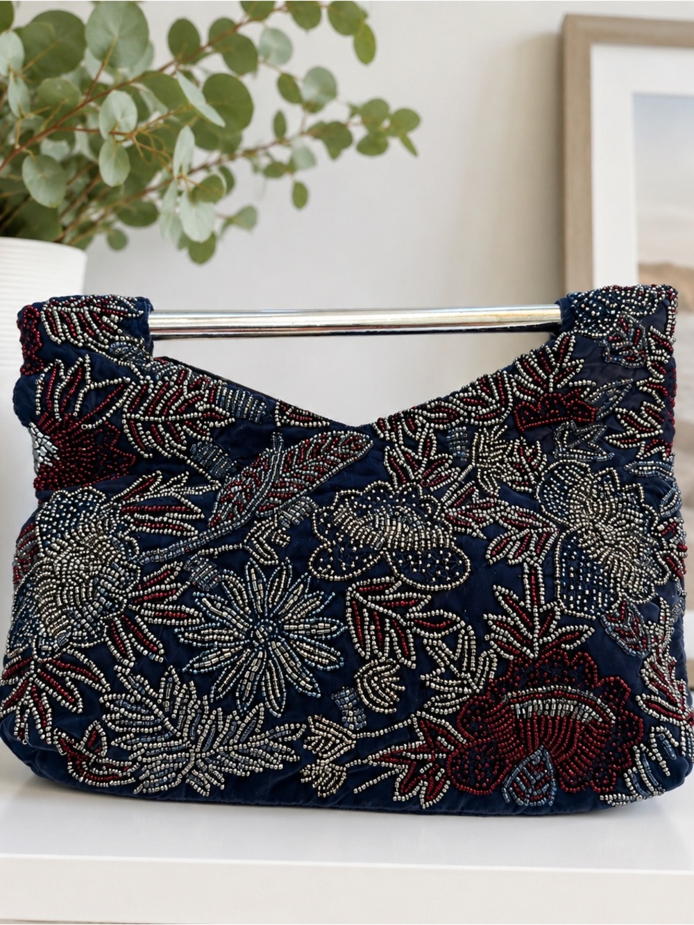✨ Hand-Beaded Navy Velvet Floral Handbag | Handcrafted in India